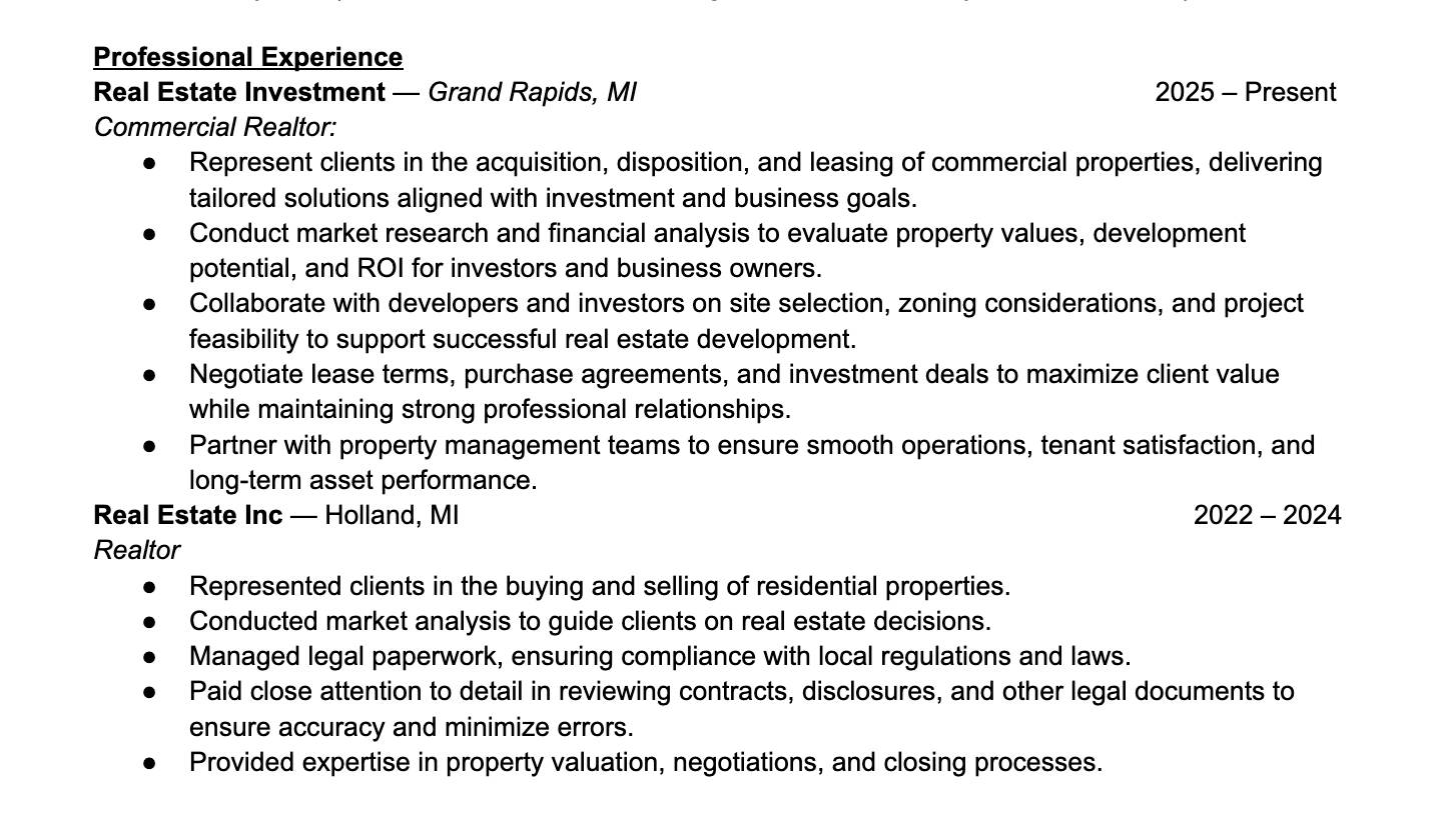 Experience section of a resume